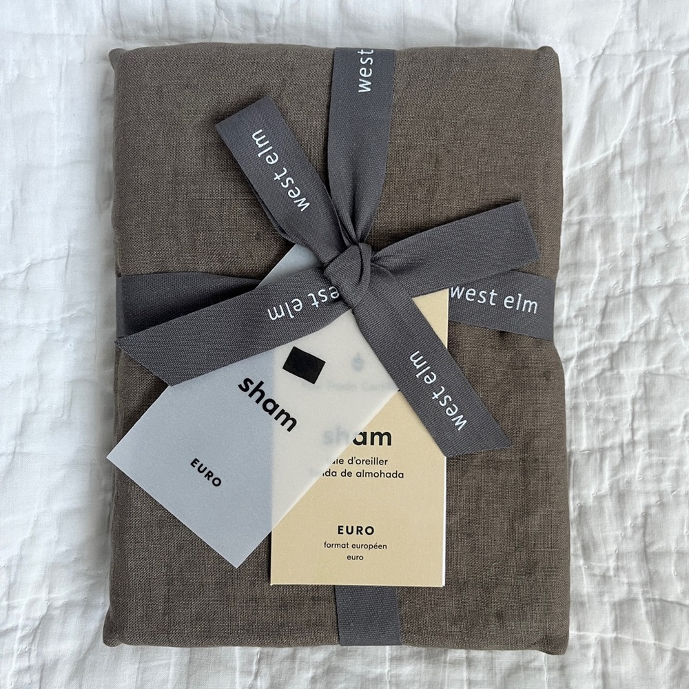 NWT West Elm European Flax Linen EURO Sham 26” Mocha Dark Brown Pillow Cover New